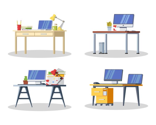 有电脑，台灯，文件夹，书籍，茶或咖啡杯，文具的现代书桌图片下载