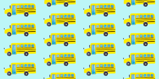 无缝图案与黄色校车在蓝色背景图片下载