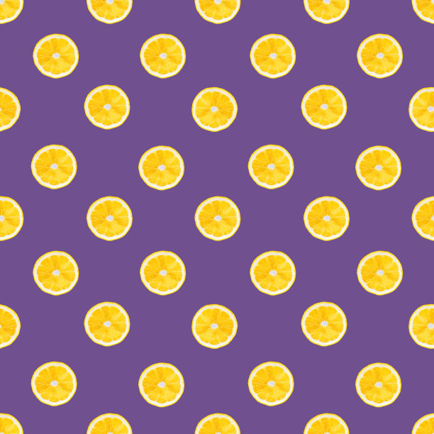 夏天明亮的背景。柠檬切成紫色。水果图案无缝，几何点缀。柠檬纹理设计的纺织品，壁纸，织物。图片下载
