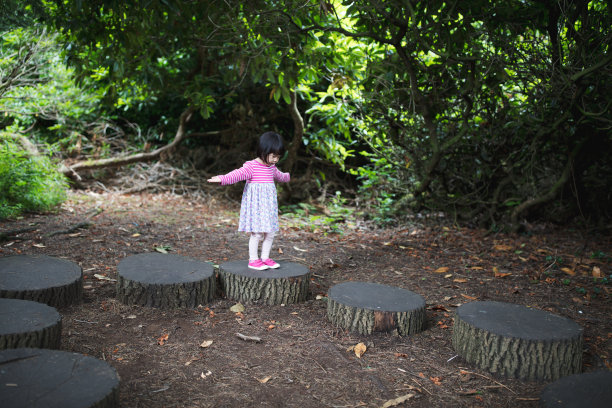 蹒跚学步的小女孩在夏季森林公园玩耍图片下载