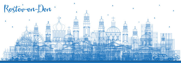 蓝色建筑勾勒出俄罗斯罗斯托夫河畔城市天际线。图片下载