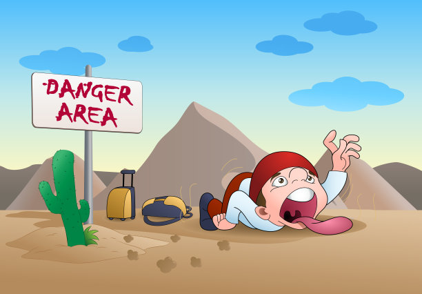 一个在沙漠中迷路的旅行男孩的插图图片下载