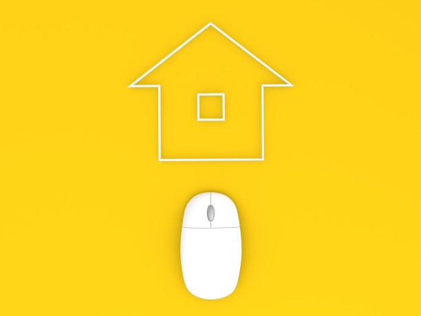 电脑鼠标和公寓。出售房地产。图片下载