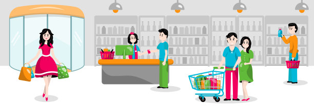 大型超市商店。买食物和衣服。白色背景上的矢量平面字符集。人们选择和购买商品图片下载