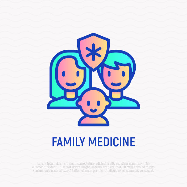 家庭保险细线图标:妈妈、爸爸、宝宝都有医疗盾牌保护。现代向量插图。图片下载