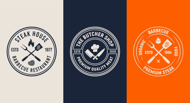 一套3烧烤标志。烧烤模板菜单设计。复古餐厅标志。时髦的设计。矢量图图片下载