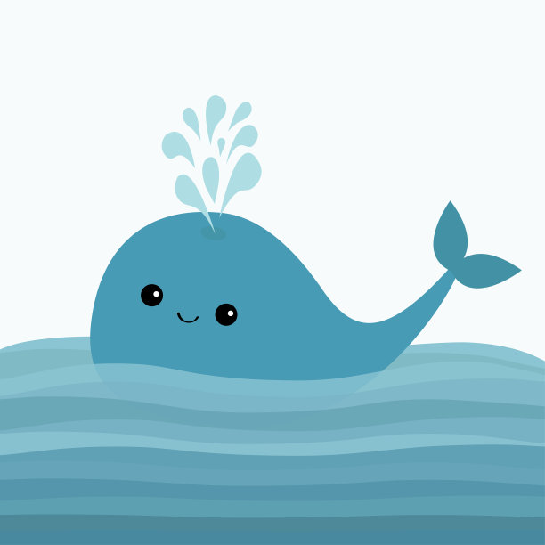 蓝鲸和喷泉。海水带着波浪。可爱的卡通人物，有眼睛，尾巴。微笑的脸。孩子们的背景。小动物收藏。平面设计白色背景。图片下载