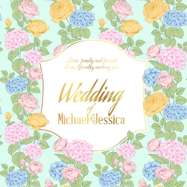 美丽的玫瑰和绣球花。婚礼卡片和订婚公告。邀请卡片模板与盛开的绣球花在蓝色的背景。图片下载