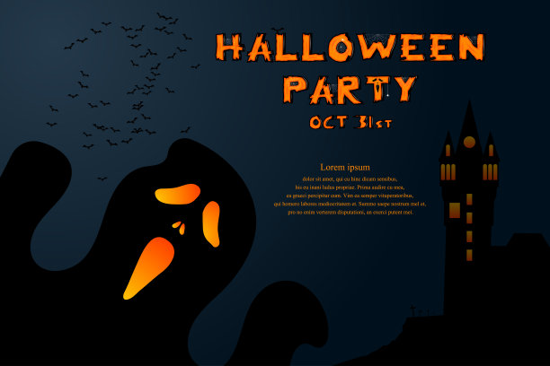 万圣节背景与可怕的城堡，蝙蝠和南瓜。万圣节派对海报或横幅设计。向量。图片下载