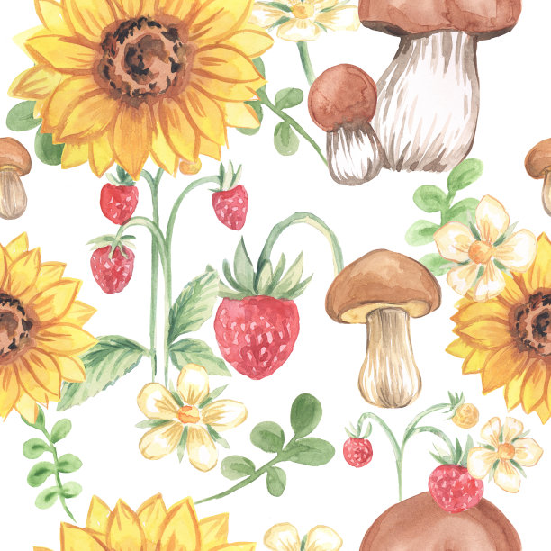 图案向日葵、森林浆果、草莓、花朵、蘑菇和树叶水彩画礼物秋天的形象图片下载