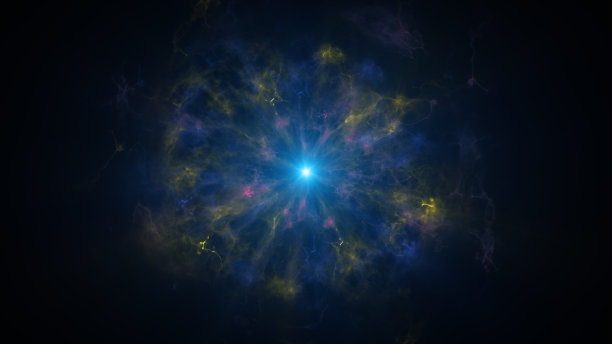 彩色激波组成粒子。视觉特效元素，图形元素。光束，穿过云，尘埃，外太空的星云。三维渲染图片下载