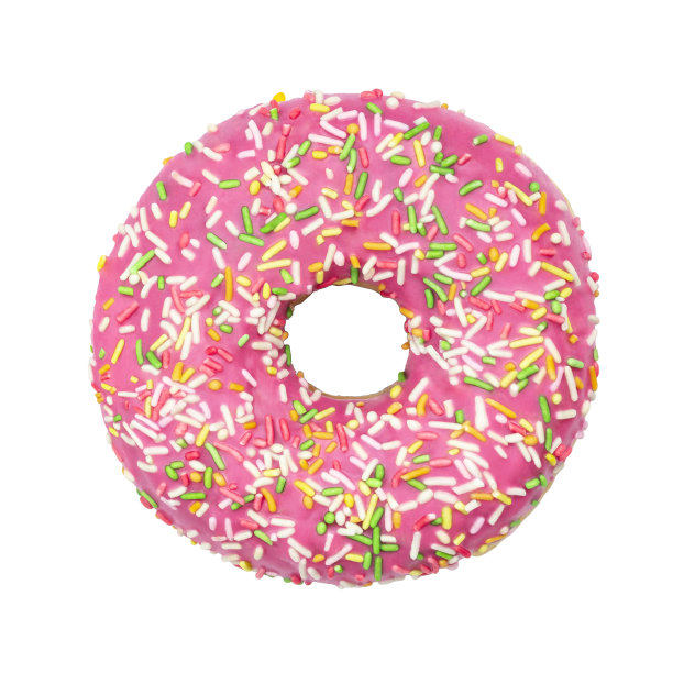 粉红色的甜甜圈与彩色的点缀孤立在白色的背景。前视图。图片下载