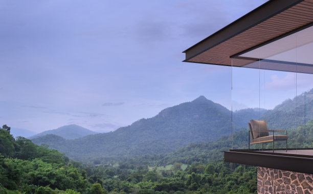 现代现代的房子外观与山景3d渲染图片下载