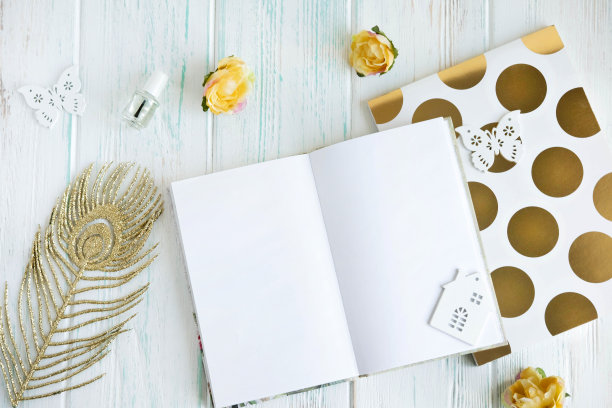 样品标签，铭文，促销代码在光和金色。带笔记本和拷贝空间的笔。框架的文本。从以上观点。模型记事本图片下载