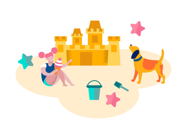 小女孩在沙滩上玩筑沙堡，图片下载