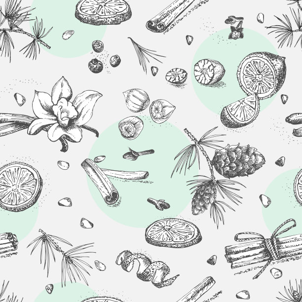 无缝图案与手绘圣诞冬季香料图案。传统上用于制作甜点，热红酒，自制饼干。图片下载