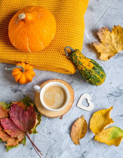 茶杯与咖啡热巧克力秋天的时间面包店椒盐卷饼调色的照片编织围巾毯子黄色的叶子灰色的背景图片下载