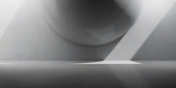 抽象的混凝土室内空间，阳光投射在墙面和地板上的阴影，球体结构设计，野兽派建筑透视，3d渲染图片下载