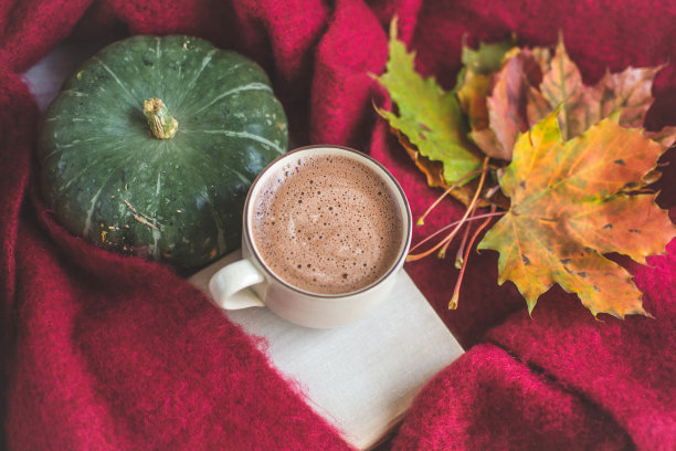 茶杯热的巧克力咖啡秋天的时间面包店椒盐卷饼调的照片编织围巾毯子黄色的叶子灰色的背景图片下载
