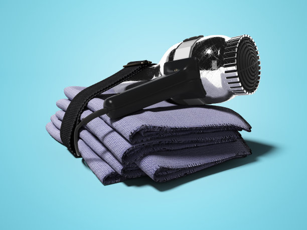 设置在酒店干燥吹风机毛巾3d渲染在蓝色背景与阴影图片下载