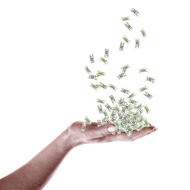 漂浮的钱在手心孤立的白色背景图片下载