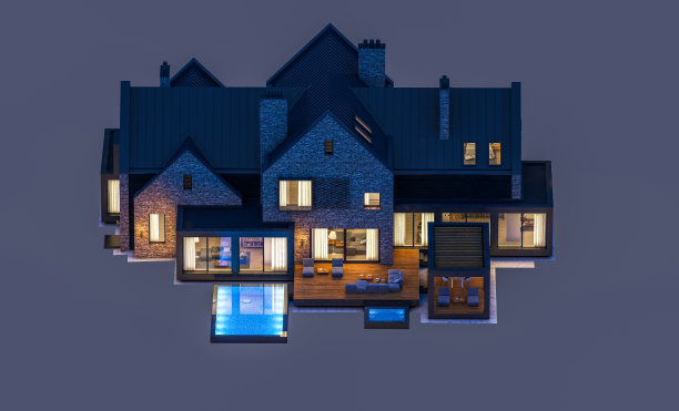 池塘上现代熟料房的3d渲染，在夜晚，水池被孤立在灰色图片下载