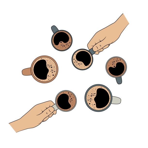 俯视图的两只手拿着卡布奇诺和美式咖啡杯。下午或早上的谈话，商务会议，咖啡休息时间或学生学习。图片下载