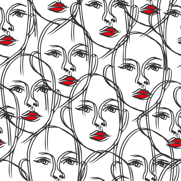 一大群人。红唇的女人。抽象的白色背景。图片下载