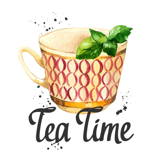 水彩杯。茶话会插图在白色的背景。装饰元素与传统热饮为您的设计。多色的装饰。图片下载