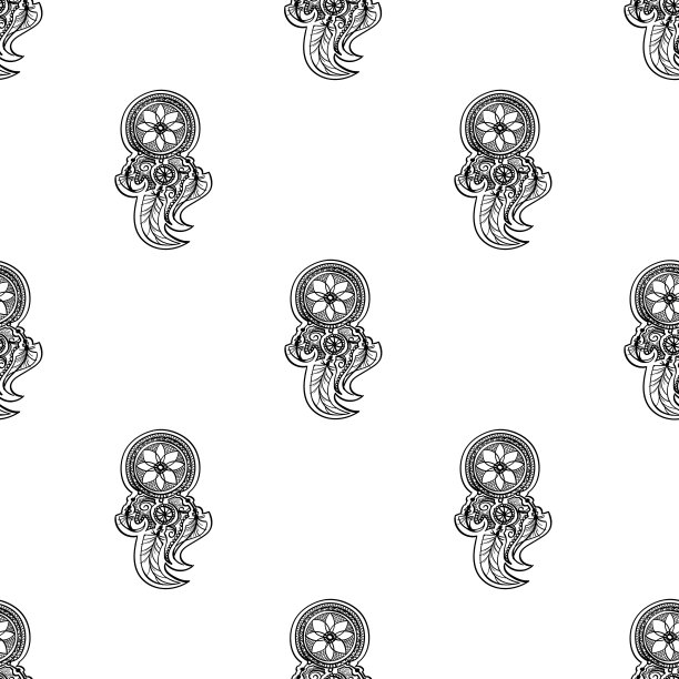 民族部落无缝图案背景，黑上白线圆形装饰涂鸦。手淹没曼荼罗印度亚洲壁纸矢量插图图片下载