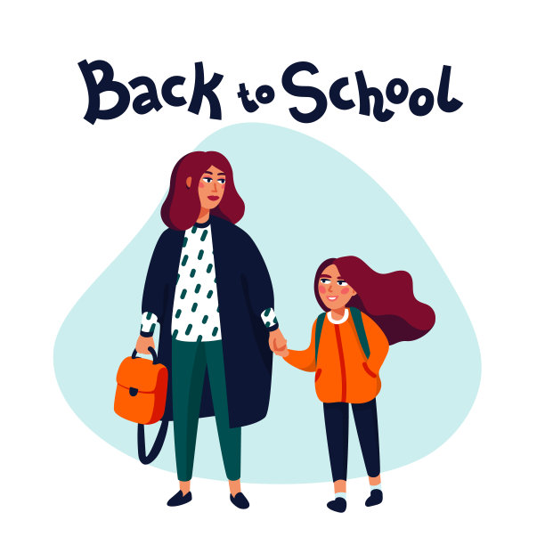 回到学校。母亲和女儿步行去学校。平面风格矢量插图上的白色背景。图片下载
