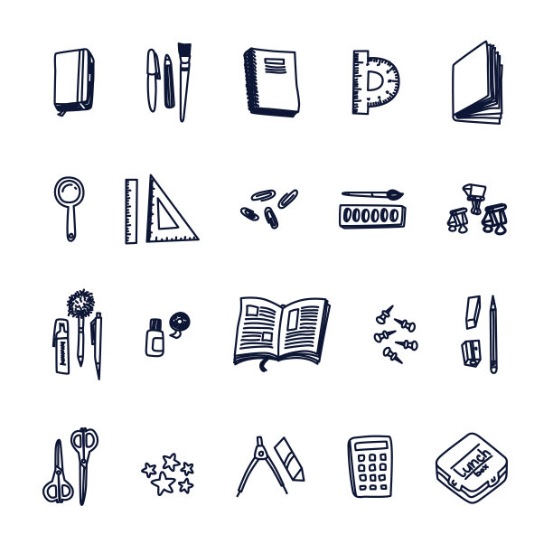 学校用品。涂鸦黑色轮廓图标。矢量插图。图片下载