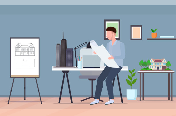 建筑师拿着蓝图，新房子项目男子住房承包商设计房子的平面工程师坐在工作场所现代绘图员工作室室内全长水平图片下载