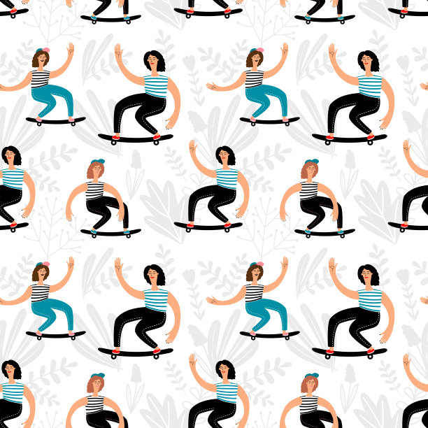 女性滑板模式。年轻的滑板者在长板无缝纹理图片下载