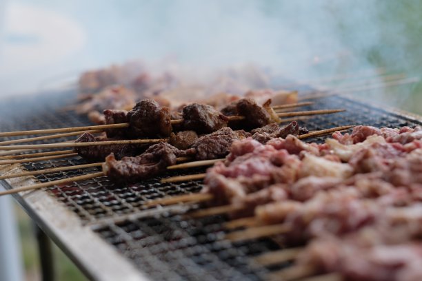 在金属烤架上用竹签做美味的烧烤。图片下载