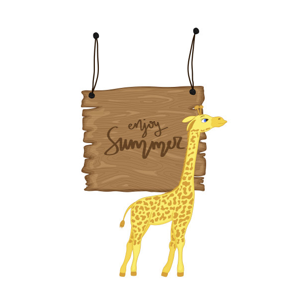 长颈鹿旁边的木制招牌上刻着“享受夏天”的矢量。卡通插图。图片下载