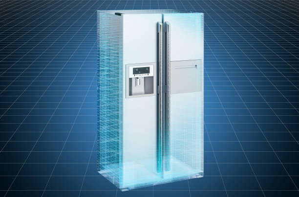 可视化三维cad模型的现代冰箱与并排门系统，蓝图。三维渲染图片下载