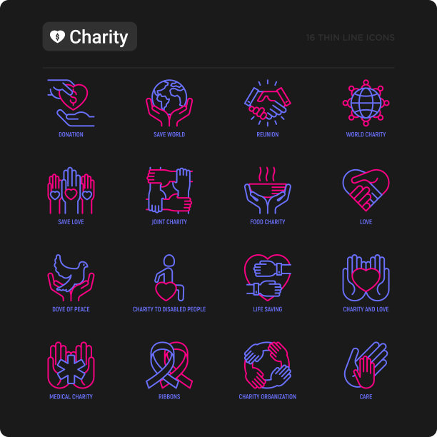 慈善细线图标集:捐赠，拯救世界，团聚，人道主义援助，丝带，医疗支持，慈善给残疾人，拯救生命。现代矢量插图。图片下载