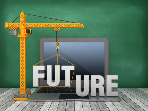 塔吊和笔记本电脑与未来的字在黑板背景- 3D渲染图片下载