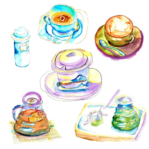 经典的蓝色咖啡杯，配有茶托、勺子和茶壶。水彩盘设置素描插图图片下载