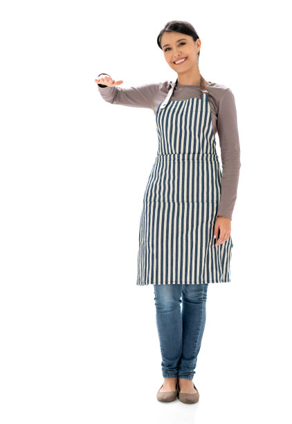 快乐的女服务员手放在一个想象的物体上图片下载