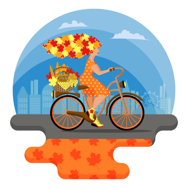 童话故事中的隐喻性人物年轻的秋天女人，带着树叶的头发在城市里骑自行车图片下载