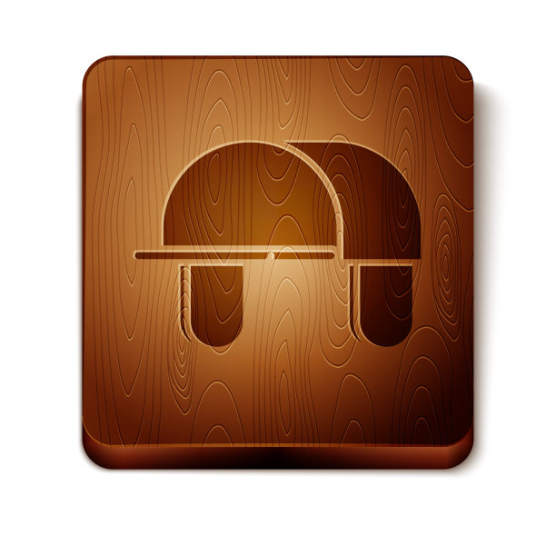 棕色猎人帽子图标孤立的白色背景。格纹冬季帽。木制方形按钮。矢量图图片下载