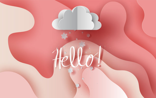 在抽象曲线形状的粉红色天空背景上的降雪云图。冬季甜蜜的季节概念。你好，贺卡圣诞快乐，新年快乐。创意剪纸和工艺风格矢量。图片下载