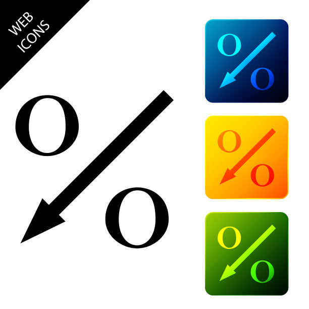 百分比向下箭头图标孤立。比例减少的迹象。设置图标彩色的方形按钮。矢量图图片下载