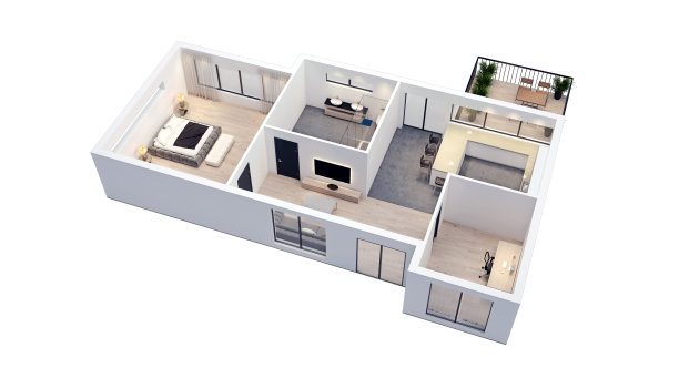 现代室内设计，白色墙壁的白色地板，公寓，房子，家具的蓝图，等距，透视视图，3d渲染图片下载