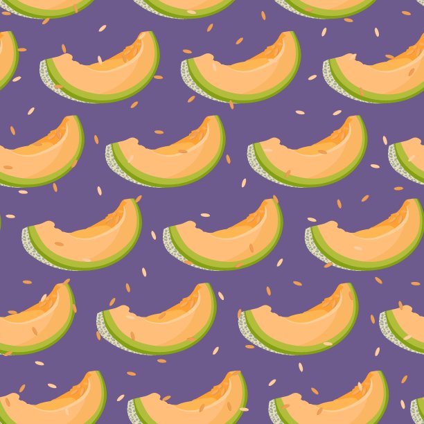 甜瓜切片上无缝隙花纹带籽背景，鲜哈密瓜花纹背景，果实矢量插图。图片下载