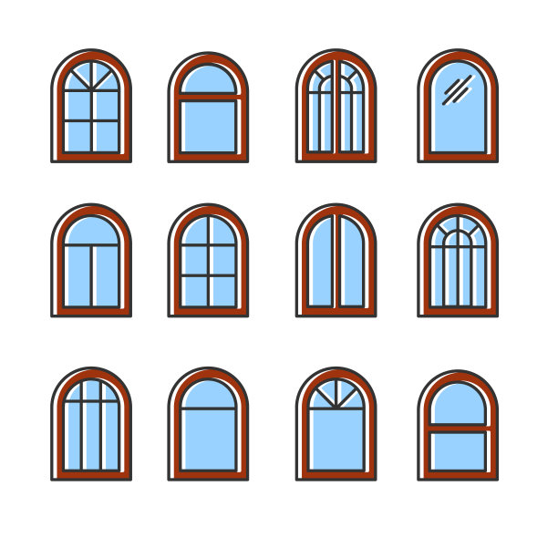 拱形木窗。开窗和遮阳窗框。平面线图标设置。矢量插图。孤立的对象图片下载