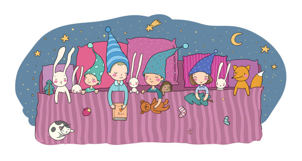 可爱的卡通侏儒睡在床上。有趣的森林精灵。困倦的孩子和玩具-向量图片下载