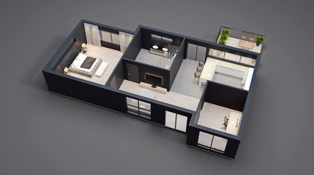 现代室内设计，黑色墙壁的隔离平面图，公寓，房子，家具的蓝图，等距，透视视图，3d渲染图片下载